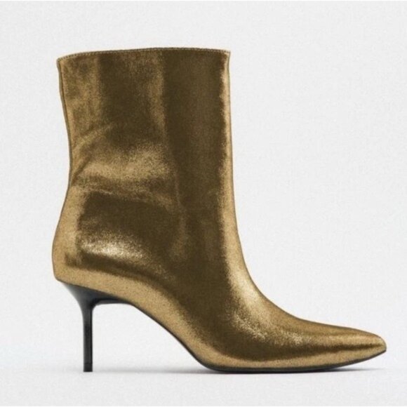 ZARA METALLIC Size 6 Thin Heel Ankle Boots Gold Size 36 3143/010 - Picture 1 of 12